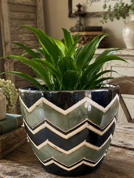 Other - Green & Black Chevron Ceramic Planter - Decorative Home Accent